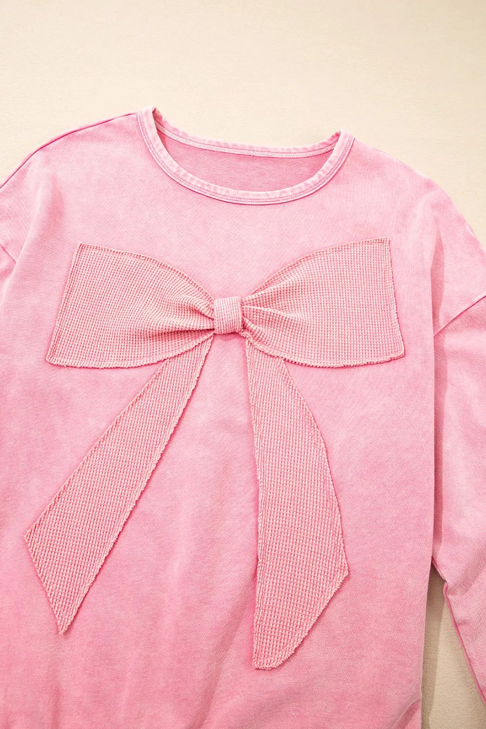 Premium Bright Pink Mineral Wash Big Bow Patchwork Pullover Sweatshirt Dear-Lover Dropshipping
